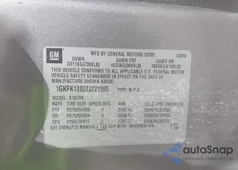 2007 GMC Yukon Slt from USA, damaged, VIN 1GKFK13037J221395